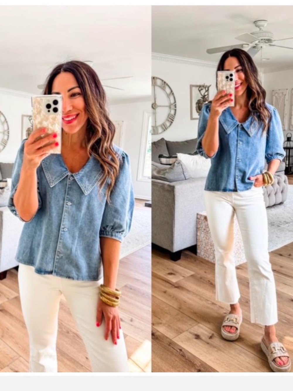 English Factory Light Blue Denim Button-Front Puff Sleeve Top
